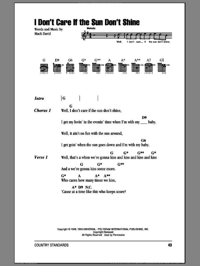 I Don't Care If The Sun Don't Shine sheet music for guitar (chords) by Elvis Presley, Patti Page and Mack David, intermediate skill level