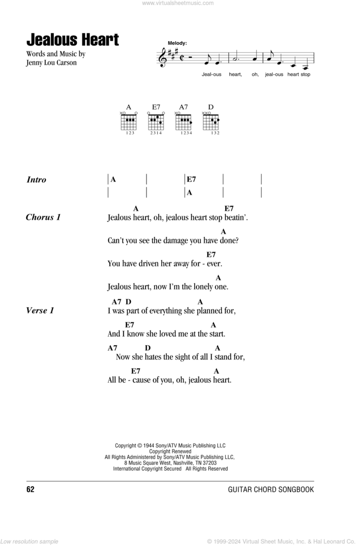 Jealous Heart sheet music for guitar (chords) by Tex Ritter, Al Morgan and Jenny Lou Carson, intermediate skill level