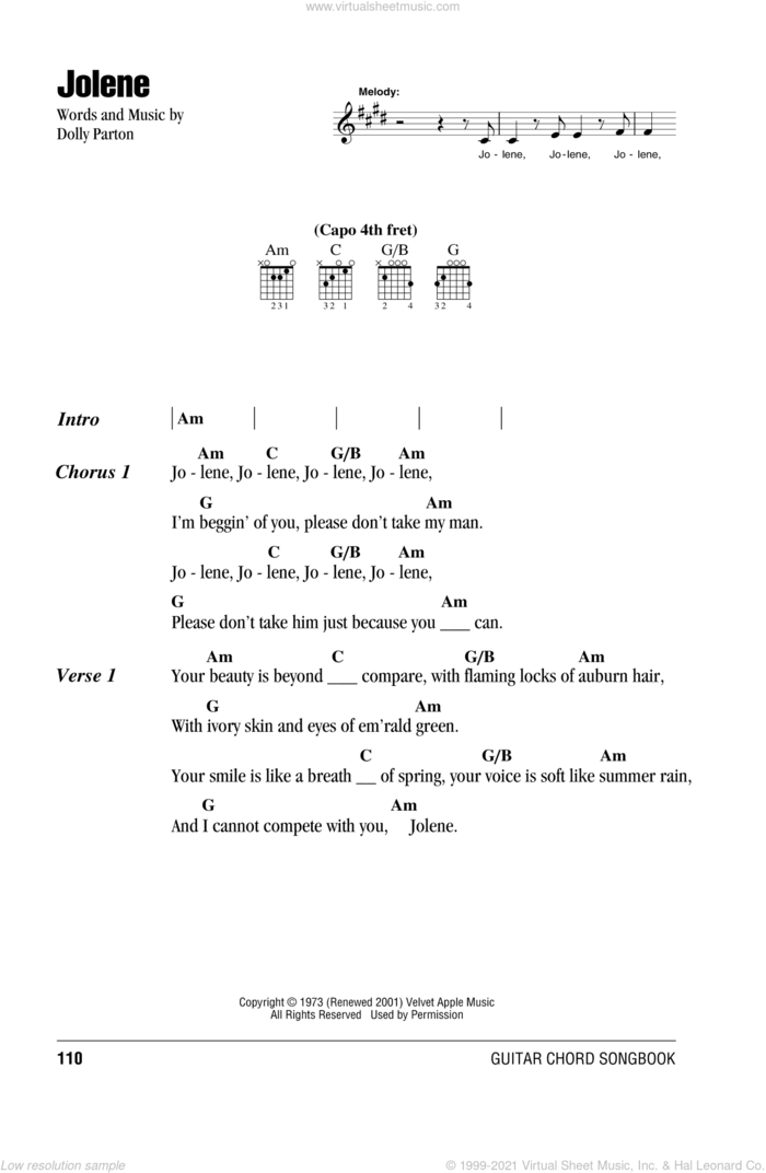 Jolene sheet music for guitar (chords) by Dolly Parton, intermediate skill level