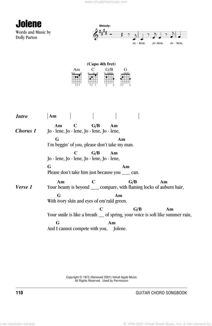 Jolene sheet music for guitar (chords) by Dolly Parton, intermediate skill level