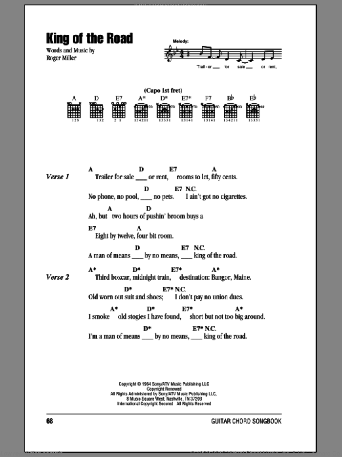 King Of The Road sheet music for guitar (chords) by Roger Miller and Randy Travis, intermediate skill level