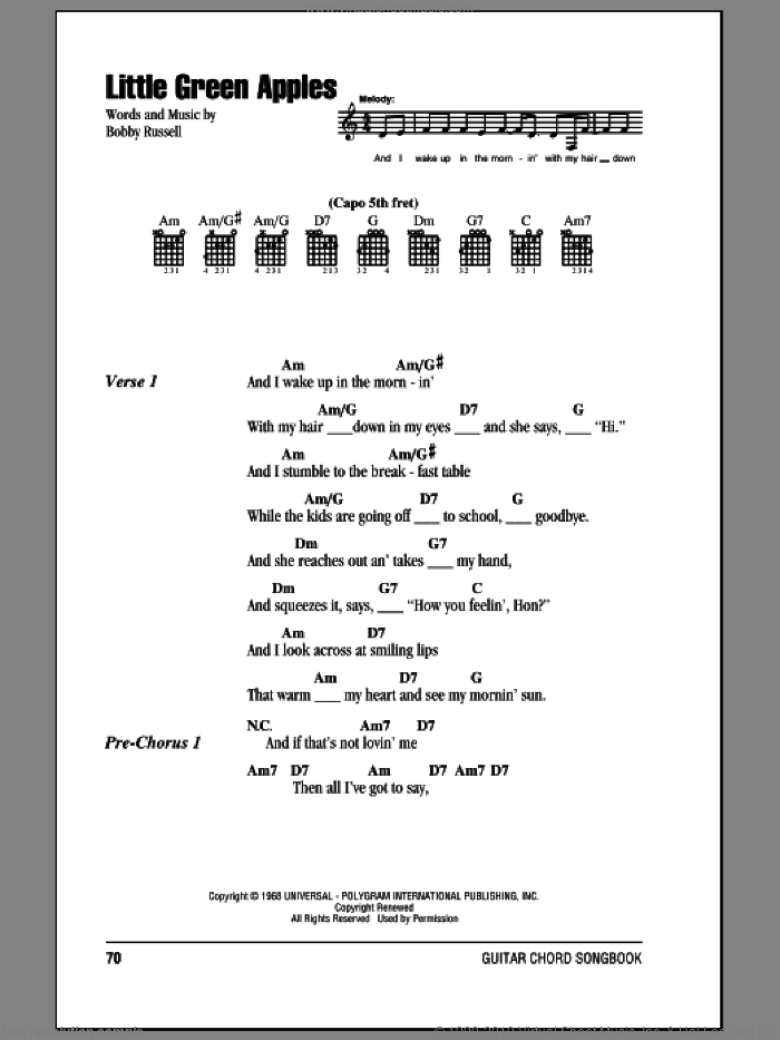 Little Green Apples sheet music for guitar (chords) by Roger Miller, O.C. Smith and Bobby Russell, intermediate skill level