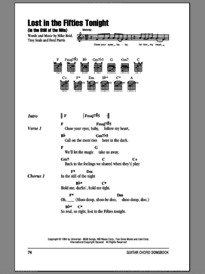Lost In The Fifties Tonight (In The Still Of The Nite) sheet music for guitar (chords) by Ronnie Milsap, Fred Parrish, Mike Reid and Troy Seals, intermediate skill level