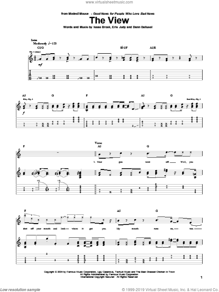 The View sheet music for guitar (tablature) by Modest Mouse, Dann Gallucci, Eric Judy and Isaac Brock, intermediate skill level