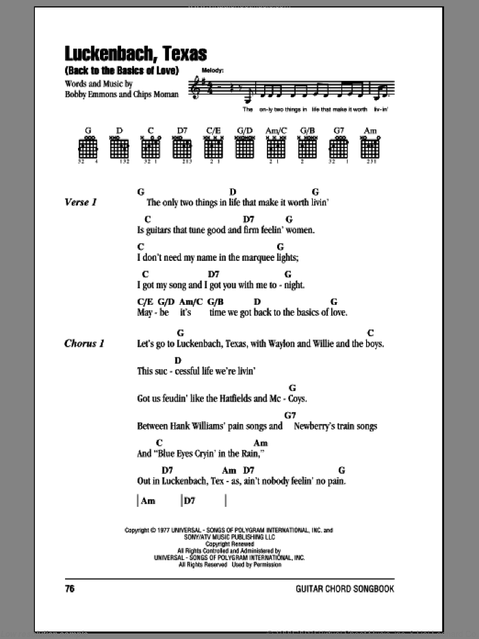 Luckenbach, Texas (Back To The Basics Of Love) sheet music for guitar (chords) by Waylon Jennings, Bobby Emmons and Chips Moman, intermediate skill level