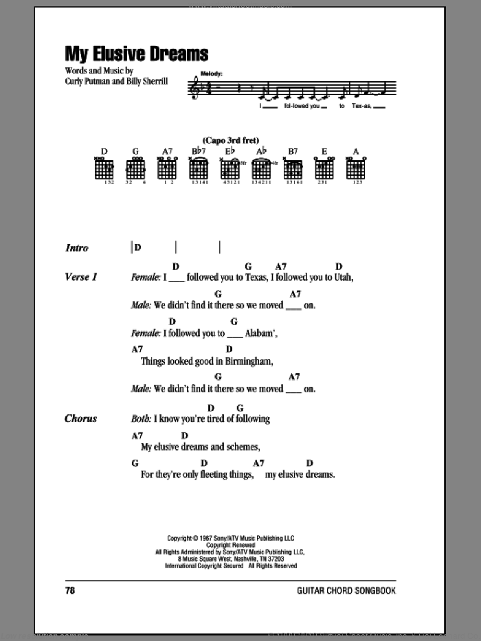 My Elusive Dreams sheet music for guitar (chords) by David Houston & Tammy Wynette, Charlie Rich, Billy Sherrill and Curly Putman, intermediate skill level