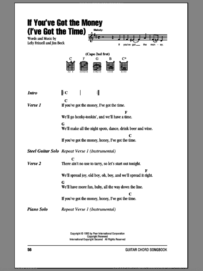 If You've Got The Money (I've Got The Time) sheet music for guitar (chords) by Lefty Frizzell, Willie Nelson and Jim Beck, intermediate skill level