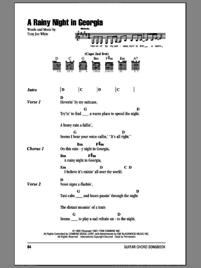 A Rainy Night In Georgia sheet music for guitar (chords) by Brook Benton and Tony Joe White, intermediate skill level