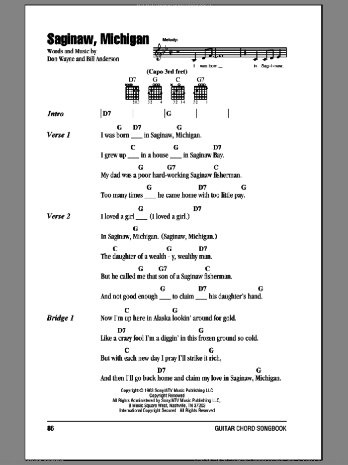Saginaw, Michigan sheet music for guitar (chords) by Lefty Frizzell, Bill Anderson and Don Wayne, intermediate skill level