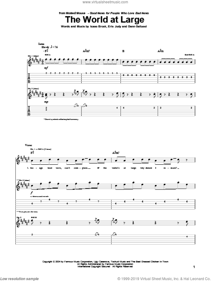 The World At Large sheet music for guitar (tablature) by Modest Mouse, Dann Gallucci, Eric Judy and Isaac Brock, intermediate skill level