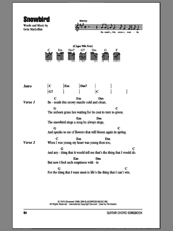 Snowbird sheet music for guitar (chords) by Anne Murray, Elvis Presley and Gene MacLellan, intermediate skill level