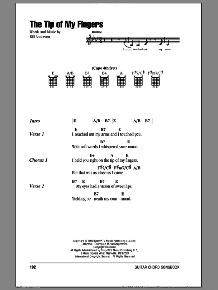 The Tip Of My Fingers sheet music for guitar (chords) by Eddy Arnold and Bill Anderson, intermediate skill level