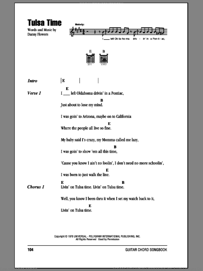 Tulsa Time sheet music for guitar (chords) by Eric Clapton, Don Williams and Danny Flowers, intermediate skill level