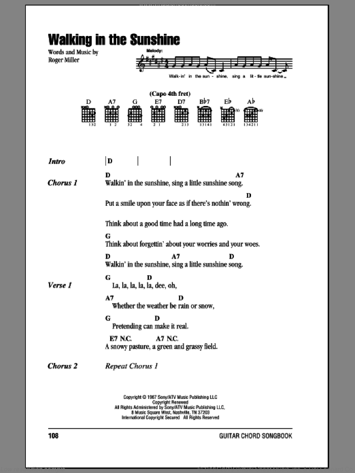 Walking In The Sunshine sheet music for guitar (chords) by Roger Miller, intermediate skill level