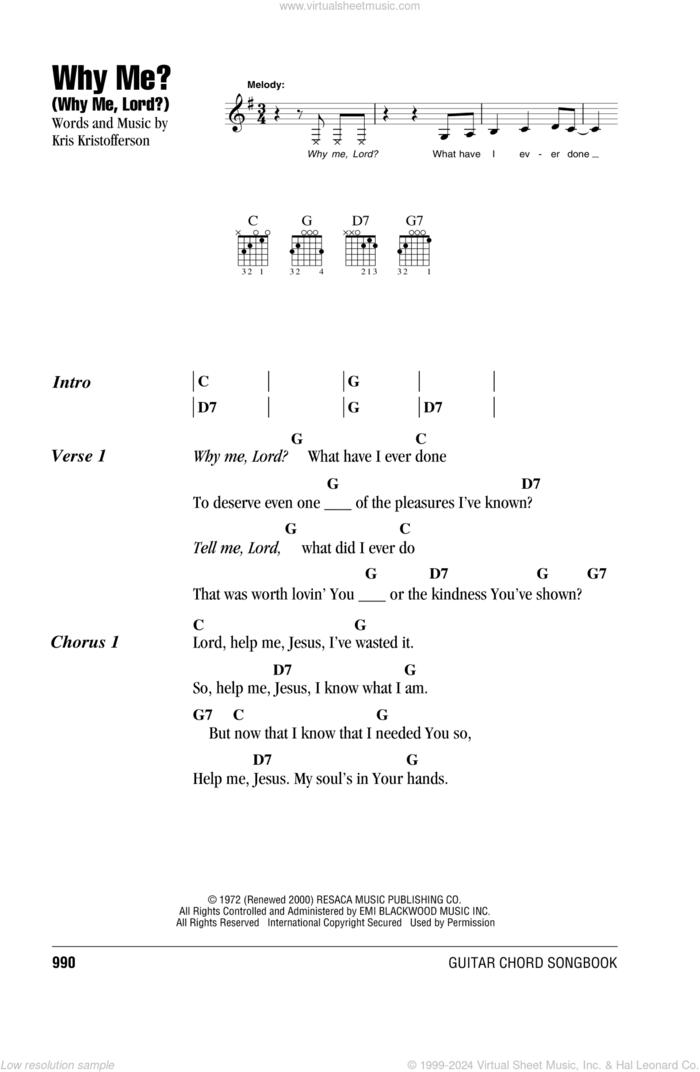 Why Me? (Why Me, Lord?) sheet music for guitar (chords) by Kris Kristofferson and Cristy Lane, intermediate skill level