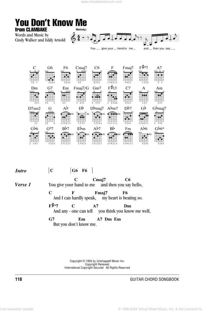 You Don't Know Me sheet music for guitar (chords) by Ray Charles, Elvis Presley, Mickey Gilley, Cindy Walker and Eddy Arnold, intermediate skill level