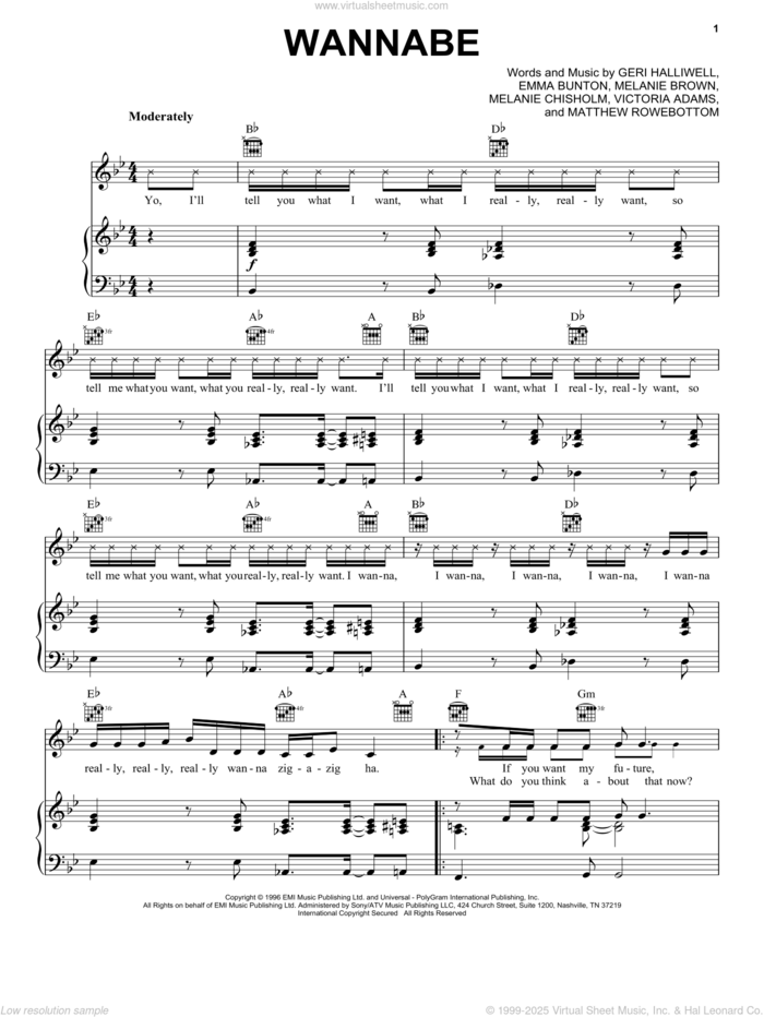 Wannabe sheet music for voice, piano or guitar by The Spice Girls, Spice Girls, Emma Bunton, Geri Halliwell, Matt Rowebottom, Melanie Brown, Melanie Chisholm, Richard Stannard and Victoria Adams, intermediate skill level