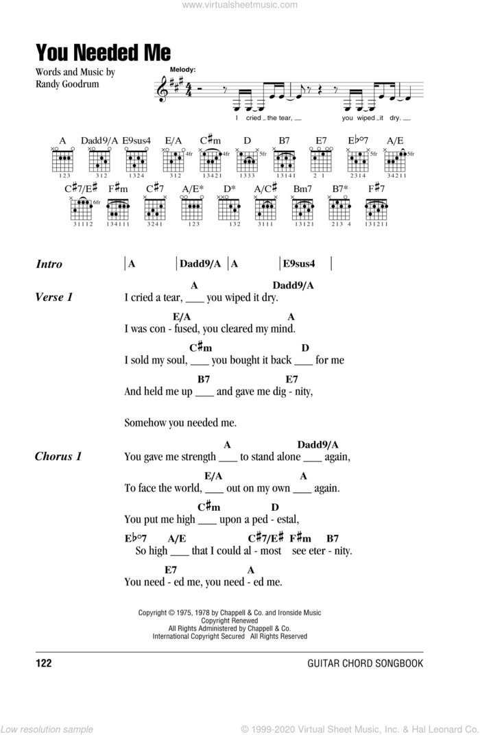 You Needed Me sheet music for guitar (chords) by Anne Murray and Randy Goodrum, intermediate skill level