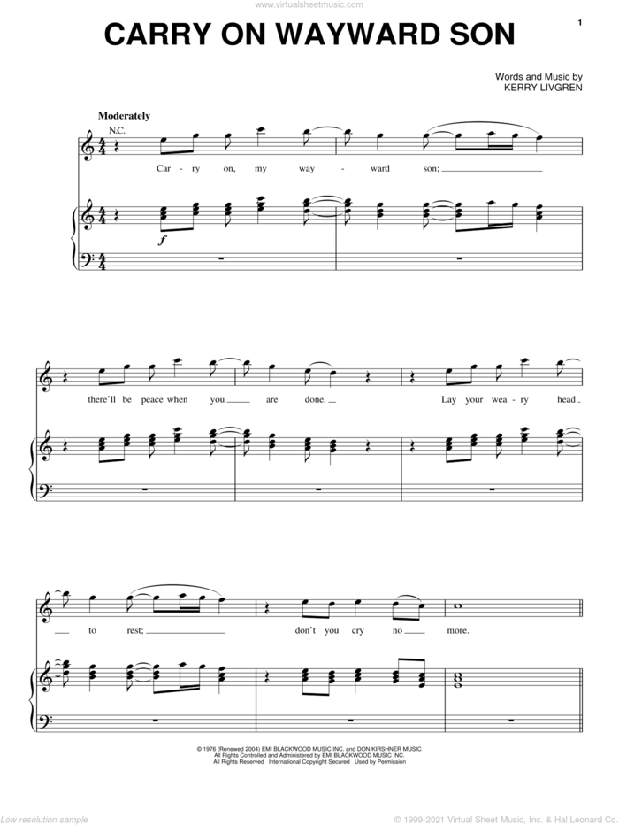 Carry On Wayward Son sheet music for voice, piano or guitar by Kansas and Kerry Livgren, intermediate skill level