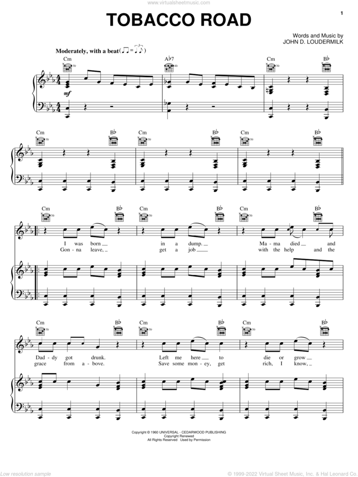 Tobacco Road sheet music for voice, piano or guitar by The Nashville Teens, David Lee Roth and John D. Loudermilk, intermediate skill level