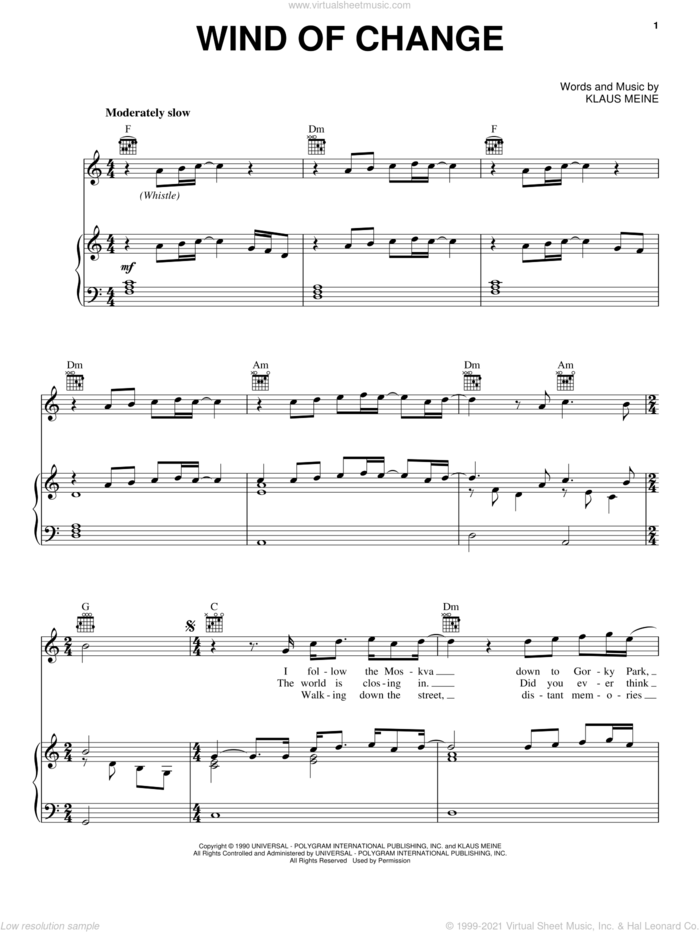 Wind Of Change sheet music for voice, piano or guitar by Scorpions and Klaus Meine, intermediate skill level