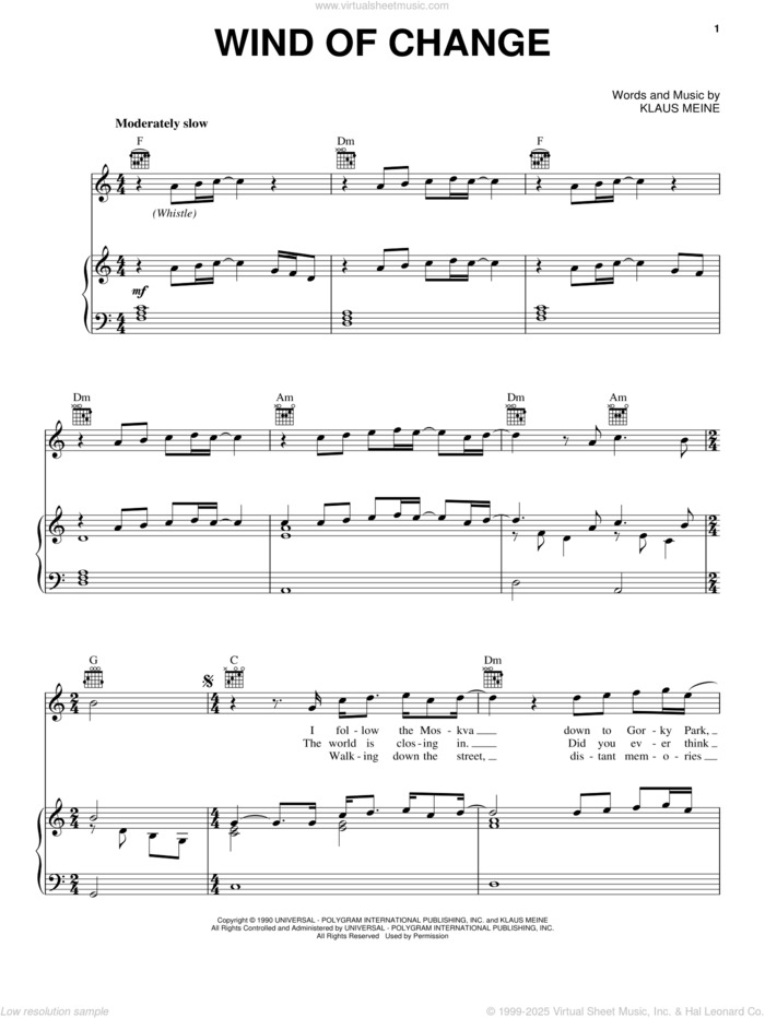 Wind Of Change sheet music for voice, piano or guitar by Scorpions and Klaus Meine, intermediate skill level