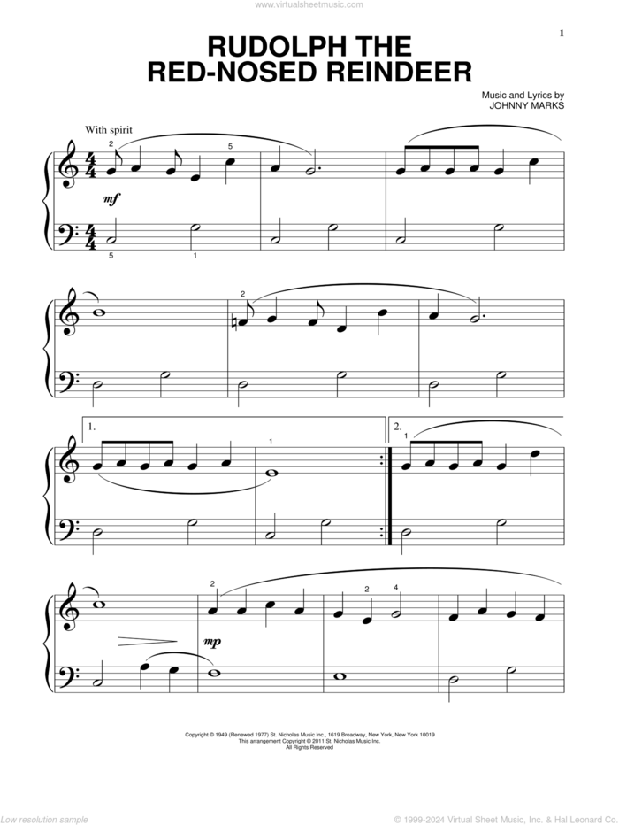 Rudolph The Red-Nosed Reindeer, (beginner) sheet music for piano solo by Johnny Marks and John Denver, beginner skill level