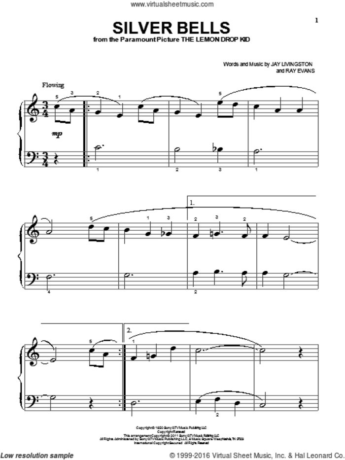 Silver Bells sheet music for piano solo by Jay Livingston and Ray Evans, beginner skill level