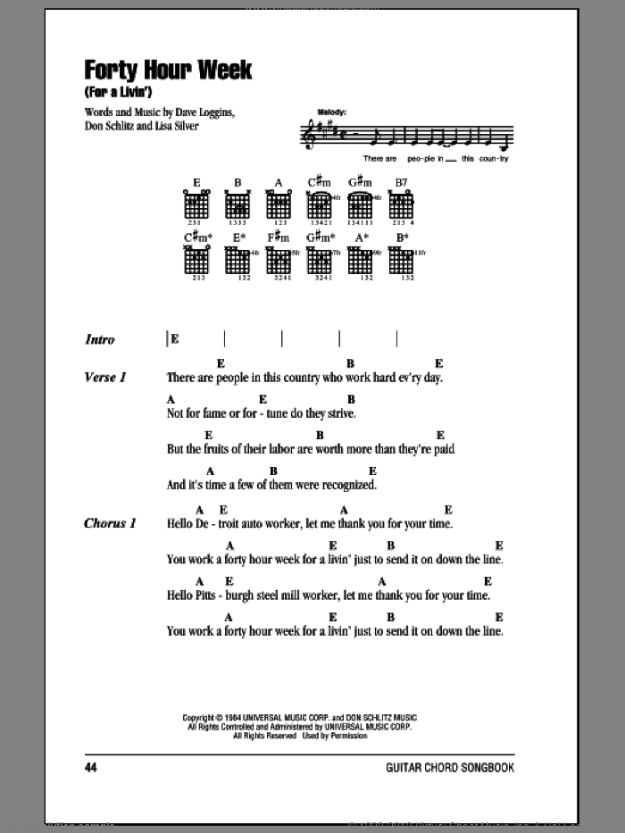 Forty Hour Week (For A Livin') sheet music for guitar (chords) by Alabama, Dave Loggins, Don Schlitz and Lisa Silver, intermediate skill level