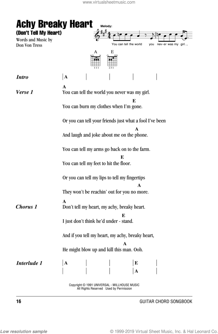 Achy Breaky Heart (Don't Tell My Heart) sheet music for guitar (chords) by Billy Ray Cyrus and Don Von Tress, intermediate skill level