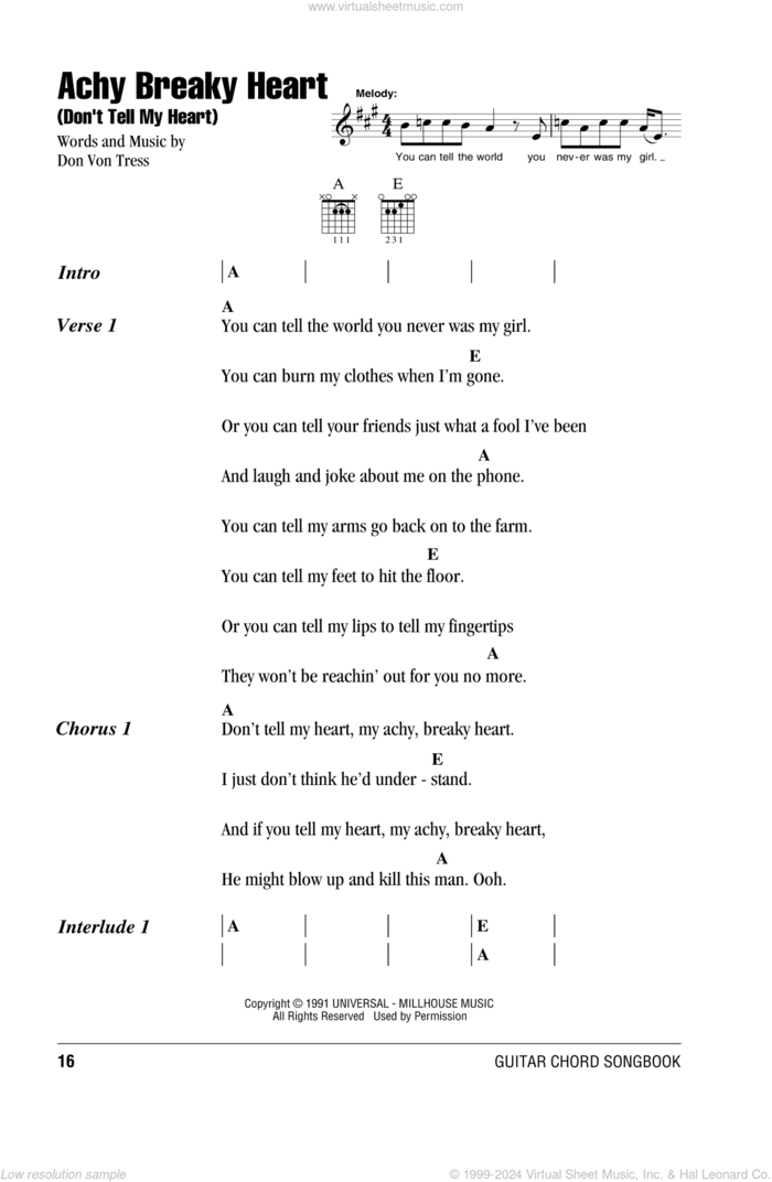 Achy Breaky Heart (Don't Tell My Heart) sheet music for guitar (chords) by Billy Ray Cyrus and Don Von Tress, intermediate skill level