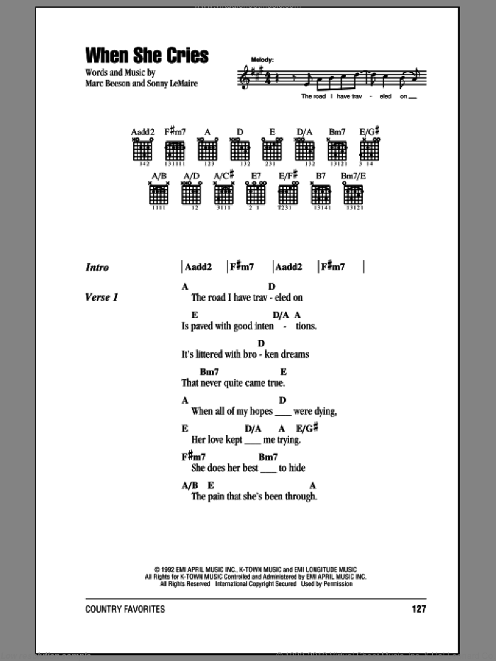 When She Cries sheet music for guitar (chords) by Restless Heart, Marc Beeson and Sonny LeMaire, intermediate skill level