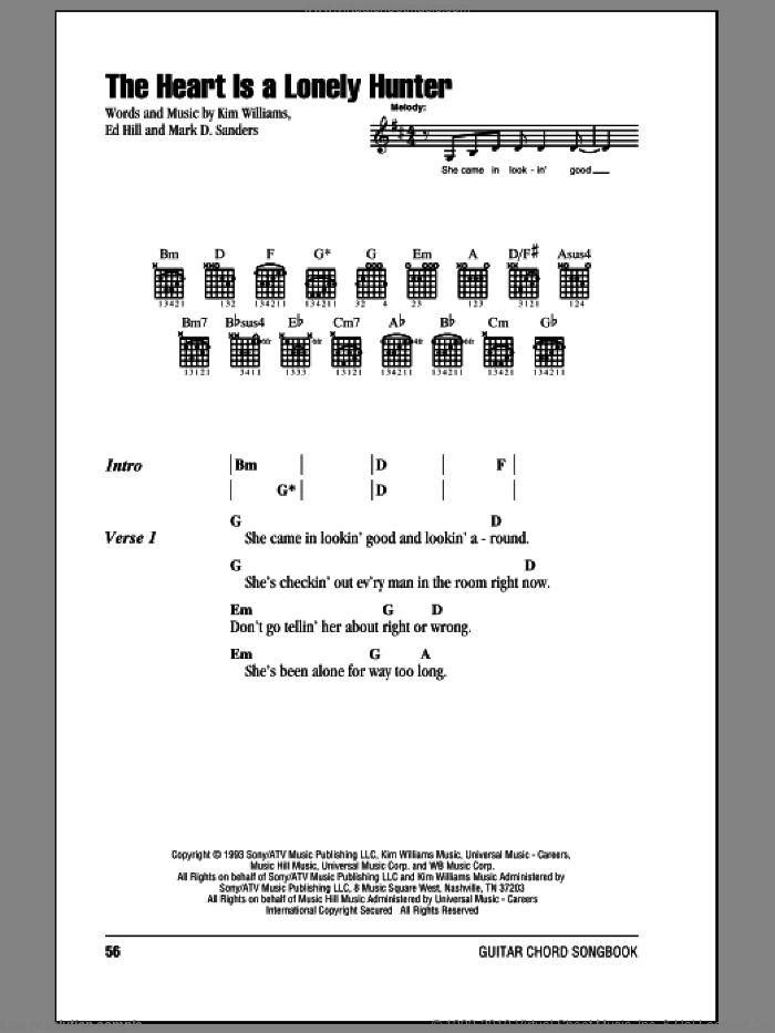 The Heart Is A Lonely Hunter sheet music for guitar (chords) by Reba McEntire, Ed Hill, Kim Williams and Mark D. Sanders, intermediate skill level