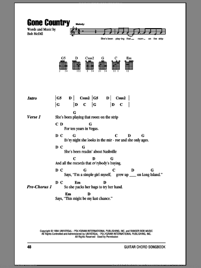 Gone Country sheet music for guitar (chords) by Alan Jackson and Bob McDill, intermediate skill level
