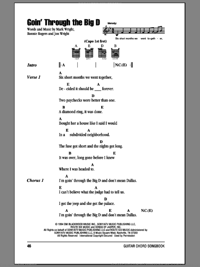 Goin' Through The Big D sheet music for guitar (chords) by Mark Chesnutt, Jon Wright, Mark Wright and Ronnie Rogers, intermediate skill level