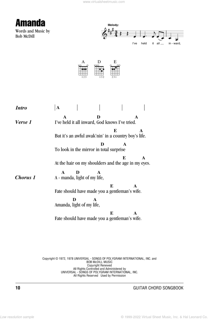 Amanda sheet music for guitar (chords) by Waylon Jennings and Bob McDill, intermediate skill level