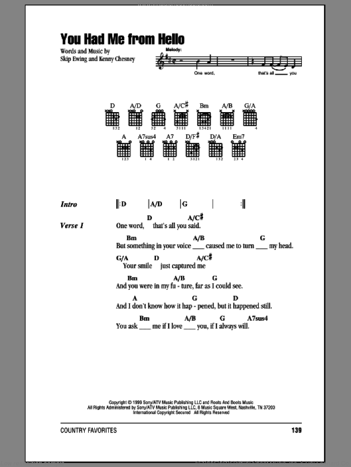 You Had Me From Hello sheet music for guitar (chords) by Kenny Chesney and Skip Ewing, intermediate skill level
