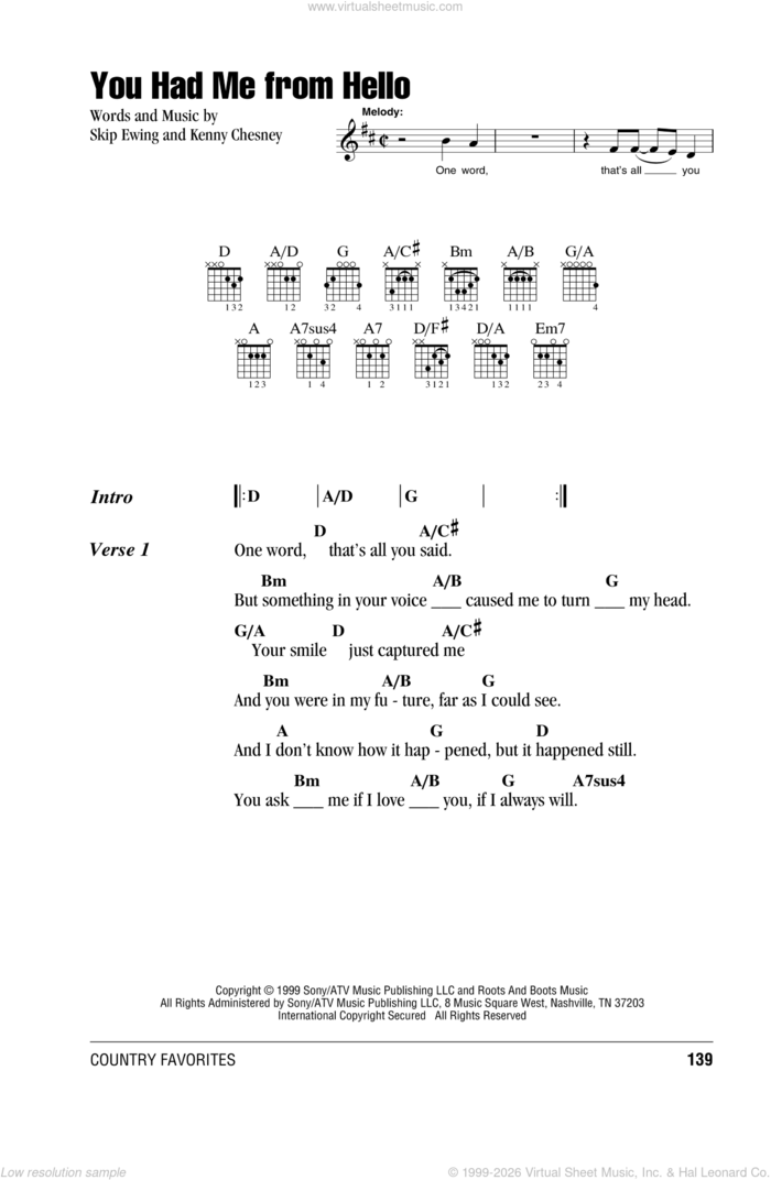 You Had Me From Hello sheet music for guitar (chords) by Kenny Chesney and Skip Ewing, intermediate skill level