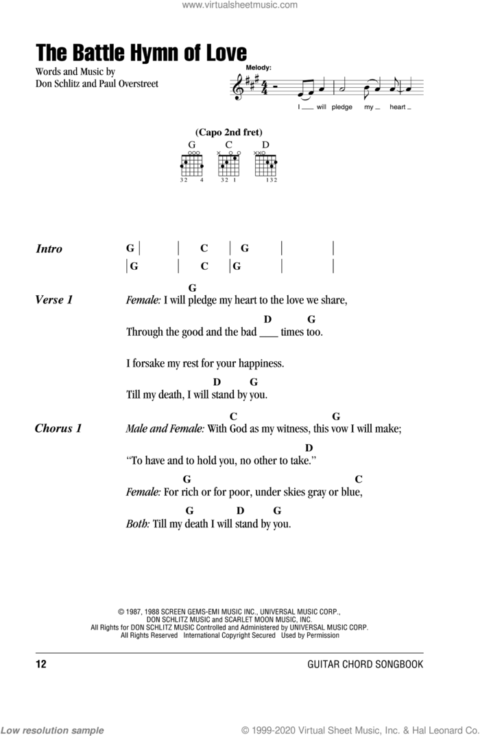 The Battle Hymn Of Love sheet music for guitar (chords) by Kathy Mattea, Don Schlitz and Paul Overstreet, wedding score, intermediate skill level