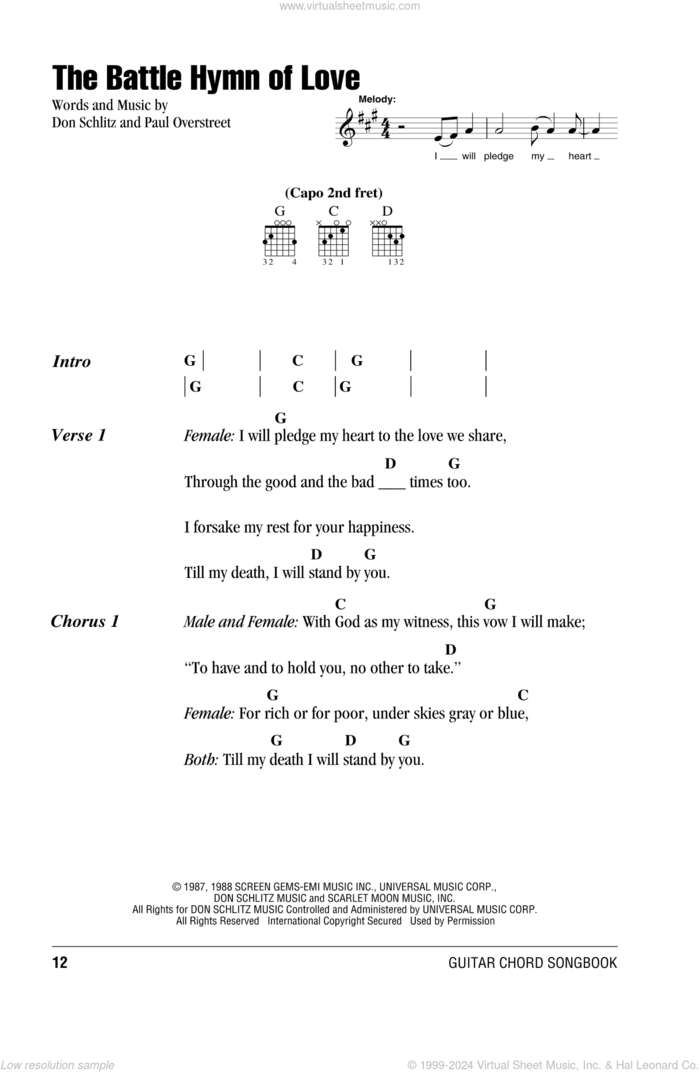 The Battle Hymn Of Love sheet music for guitar (chords) by Kathy Mattea, Don Schlitz and Paul Overstreet, wedding score, intermediate skill level