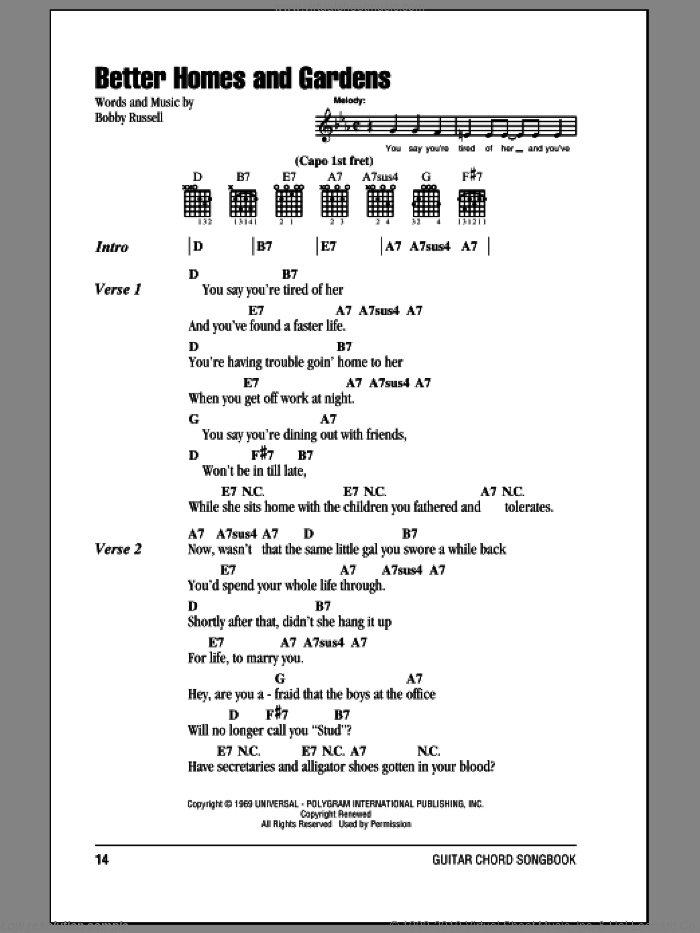 Better Homes And Gardens sheet music for guitar (chords) by Bobby Russell, intermediate skill level