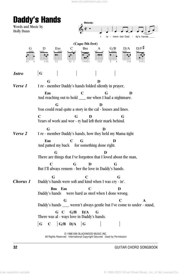 Daddy's Hands sheet music for guitar (chords) by Holly Dunn, intermediate skill level