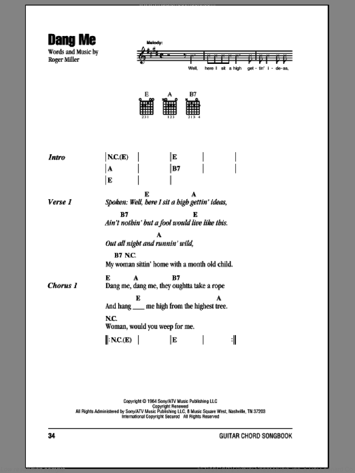 Dang Me sheet music for guitar (chords) by Roger Miller, intermediate skill level