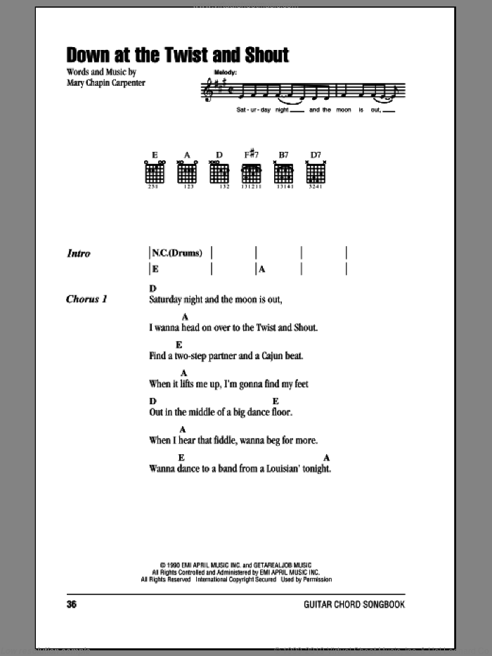 Down At The Twist And Shout sheet music for guitar (chords) by Mary Chapin Carpenter, intermediate skill level