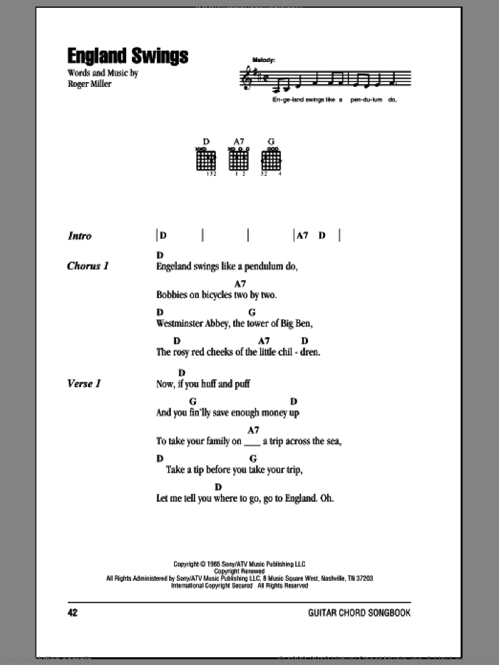 England Swings sheet music for guitar (chords) by Roger Miller, intermediate skill level