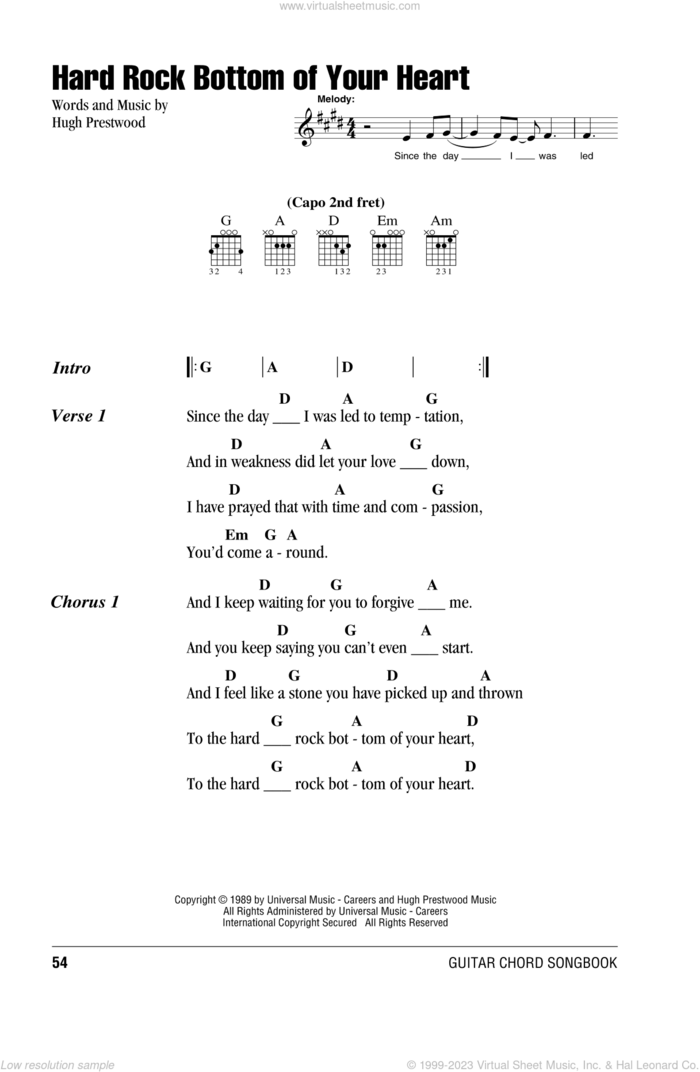 Hard Rock Bottom Of Your Heart sheet music for guitar (chords) by Randy Travis and Hugh Prestwood, intermediate skill level