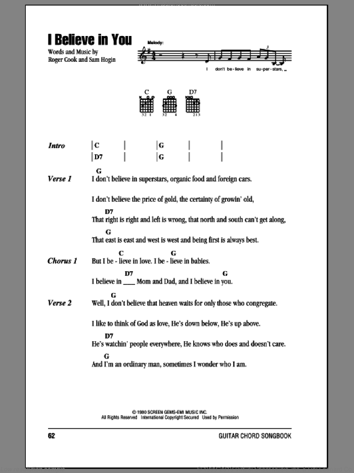 I Believe In You sheet music for guitar (chords) by Don Williams, Roger Cook and Sam Hogin, intermediate skill level