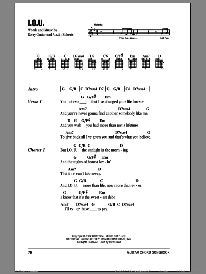 I.O.U. sheet music for guitar (chords) by Lee Greenwood, Austin Roberts and Kerry Chater, intermediate skill level
