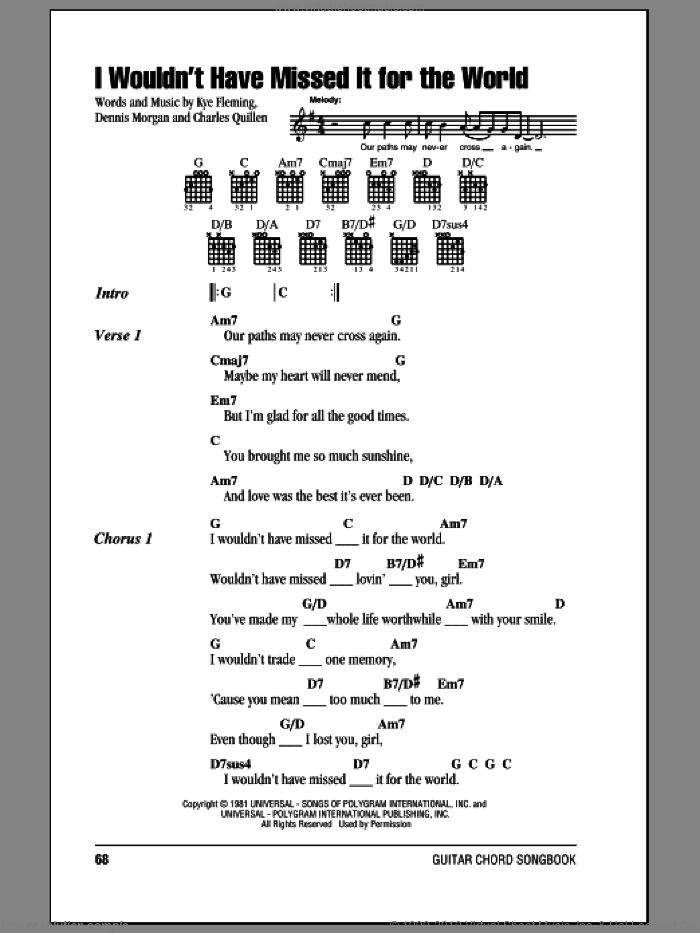 I Wouldn't Have Missed It For The World sheet music for guitar (chords) by Ronnie Milsap, Charles Quillen, Dennis Morgan and Kye Fleming, intermediate skill level