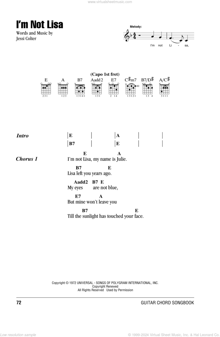 I'm Not Lisa sheet music for guitar (chords) by Jessi Colter, intermediate skill level